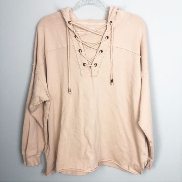 AERIE | Lace Up Front Tan Hooded Sweatshirt Oversized Women’s Size Small - Picture 2 of 9